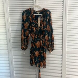 Les Serein Teal/Floral Printed Dress. Size L, NWT